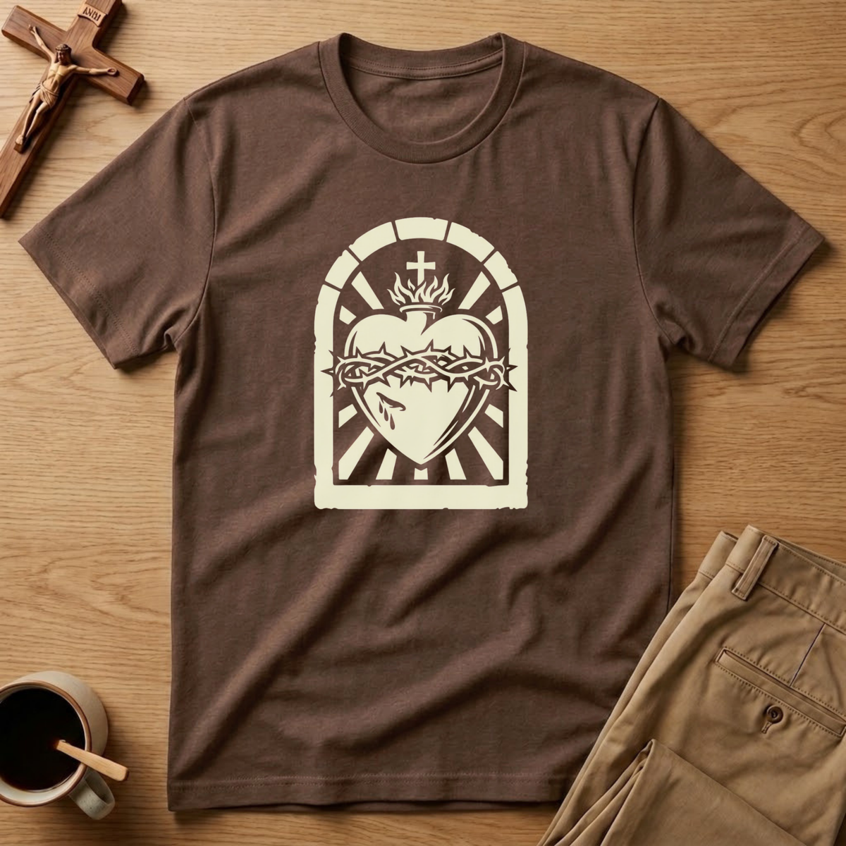 Sacred Heart of Jesus Woodcut Catholic T-Shirt