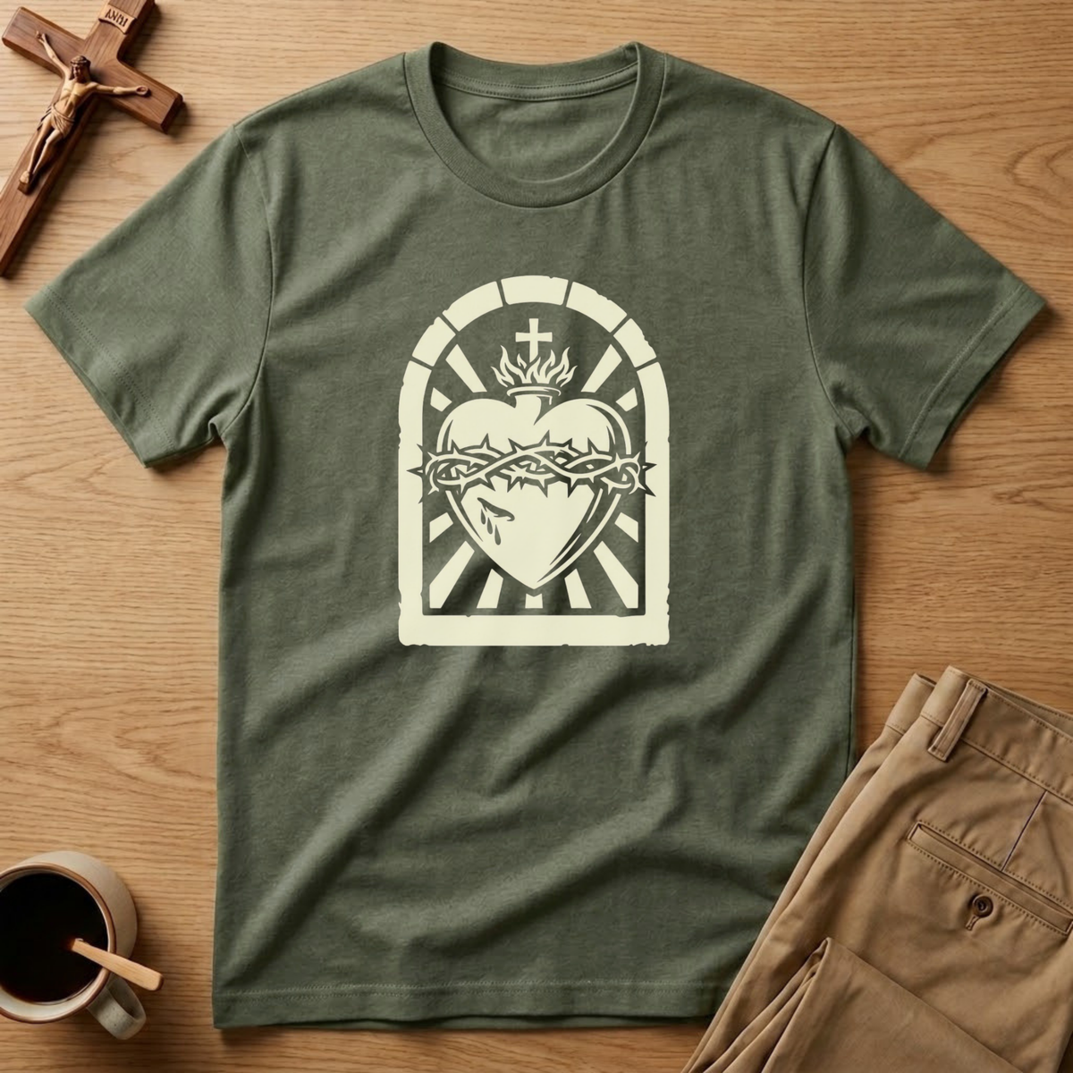 Sacred Heart of Jesus Woodcut Catholic T-Shirt