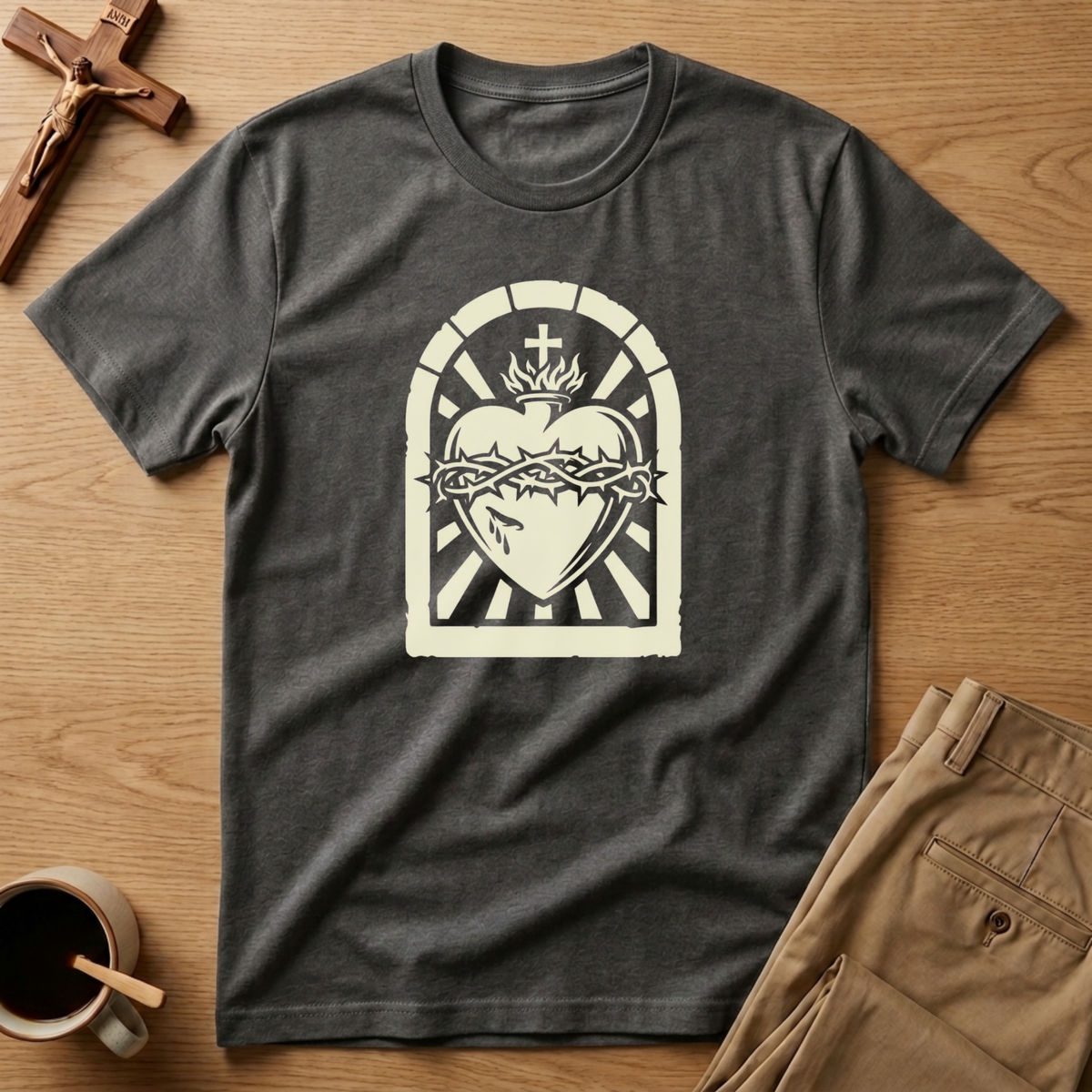 Sacred Heart of Jesus Woodcut Catholic T-Shirt